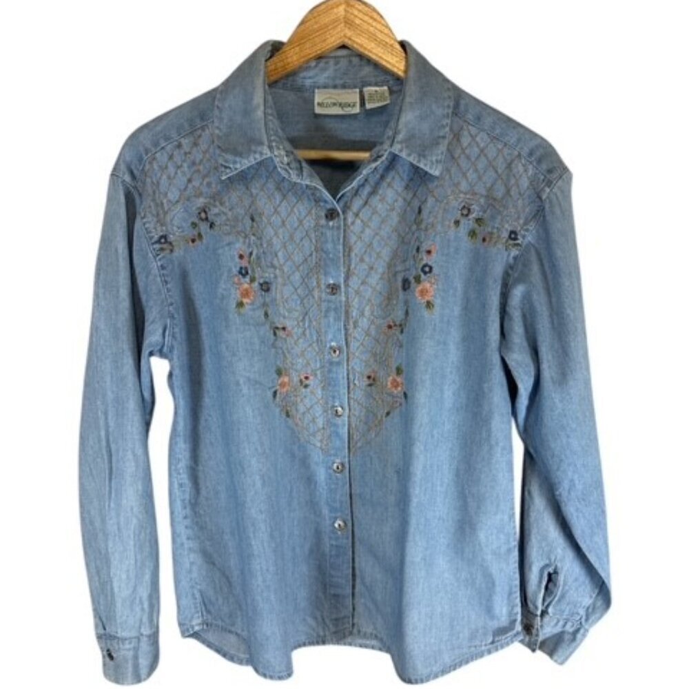 Vintage Willow Ridge Denim Embroidered Floral Shirt Woven Details Size Medium